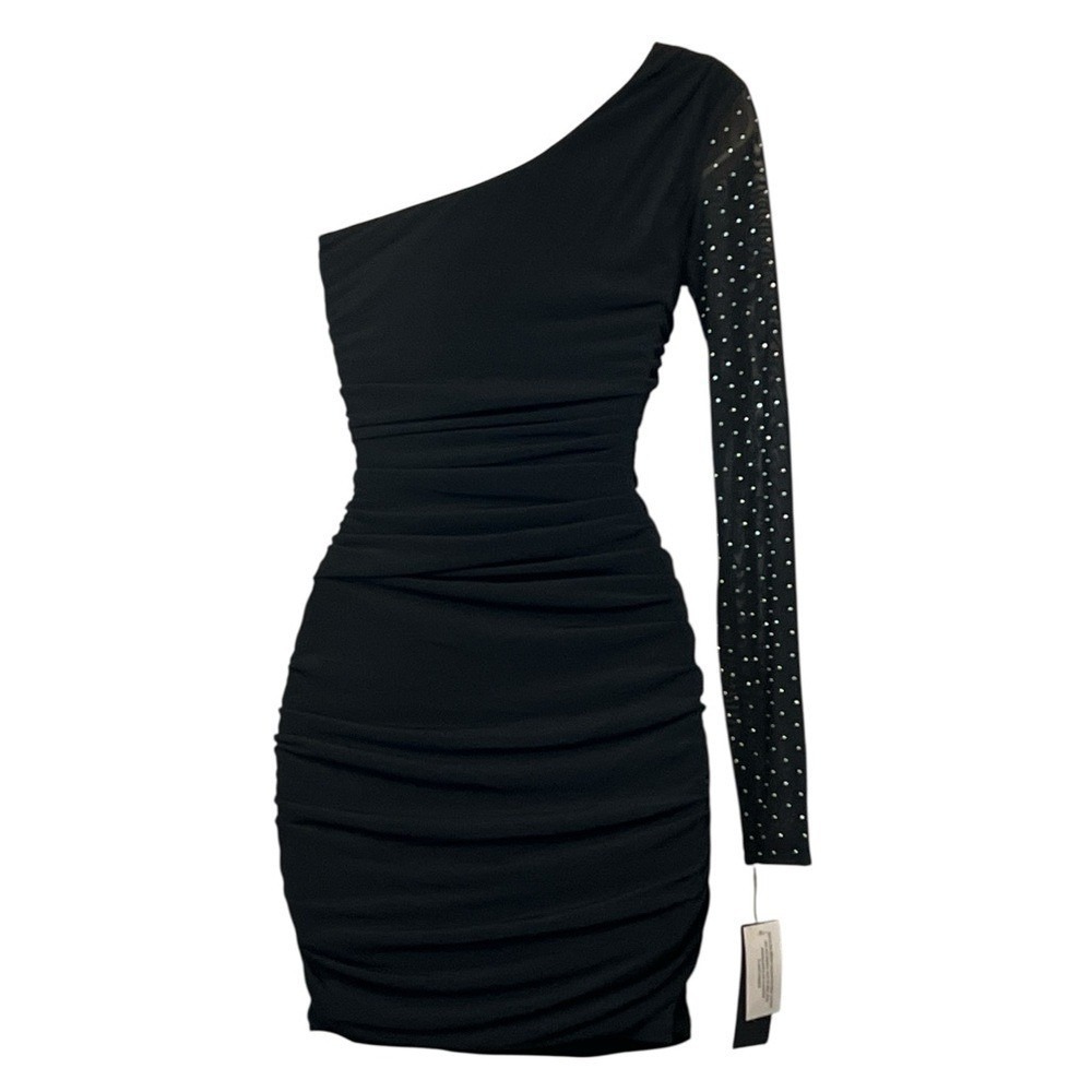 City Studios Juniors' One-Shoulder Studded Mini Bodycon Dress, Black, Size XS - Picture 4 of 11